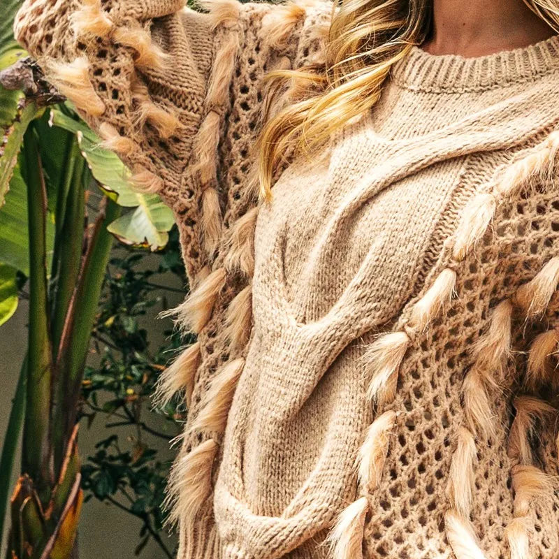BiBi Faux Fur Detailed Pointelle Cable Knit Sweater