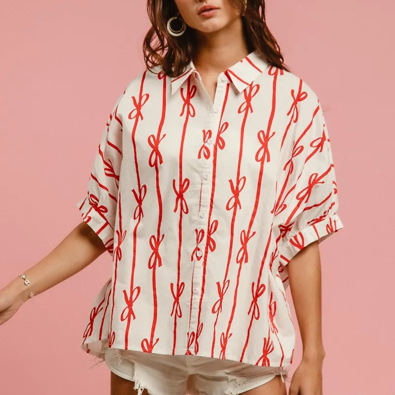 BiBi Bow Ribbon Woven Printed Button Down Shirt