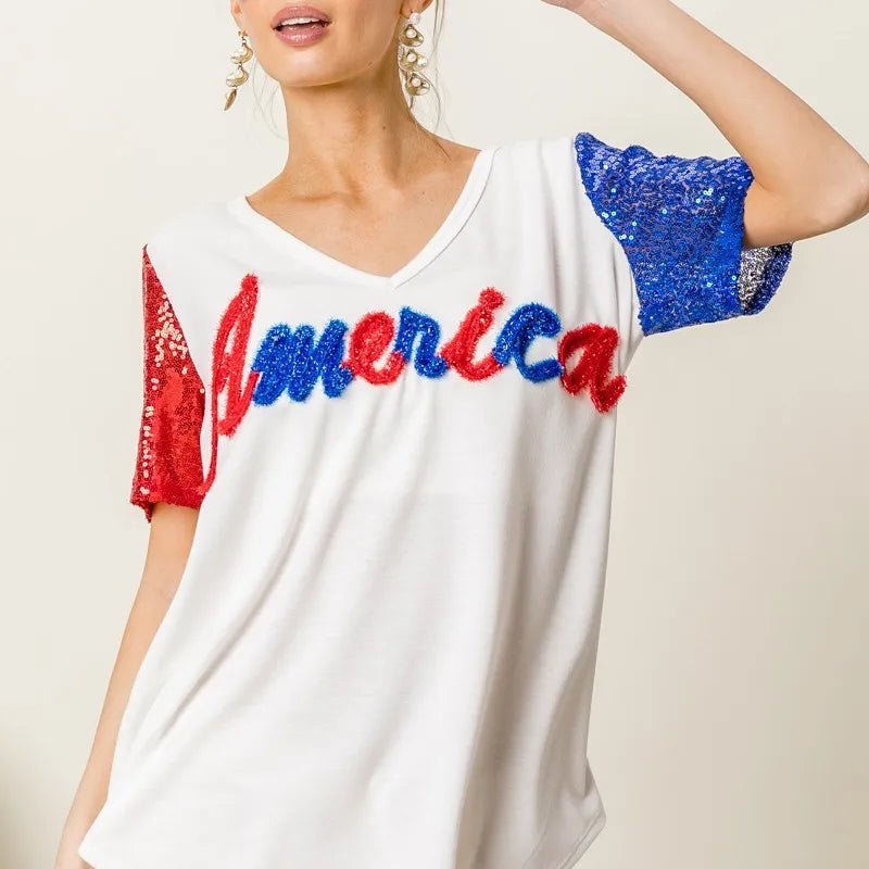 BiBi Metallic Letter V-neck Sequin Sleeves Top in Cream