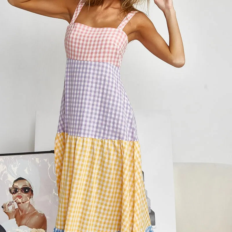 BiBi Color Block Tiered Gingham Dress