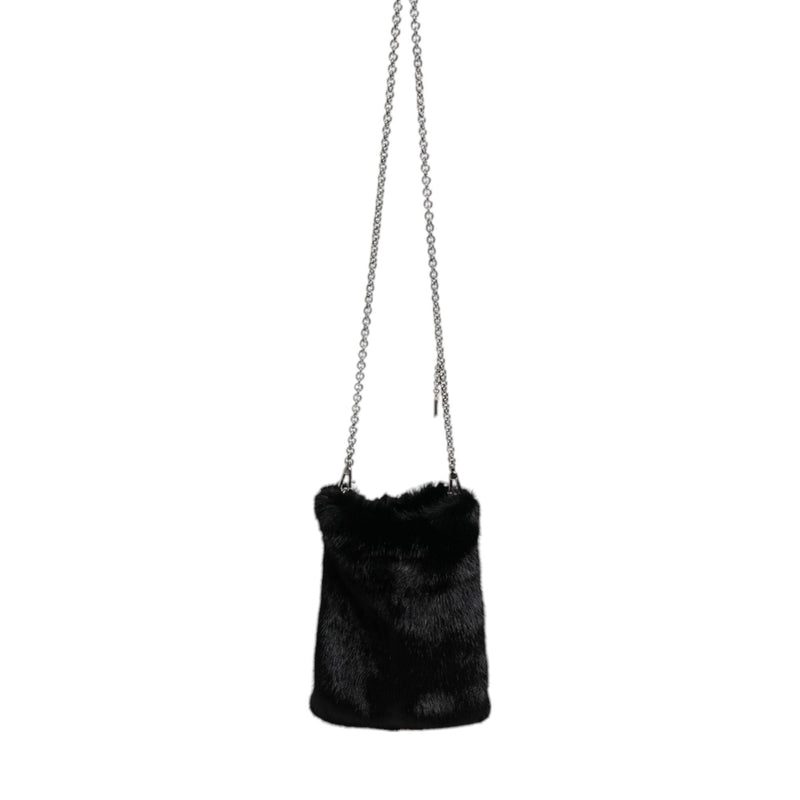 Dolce & Gabbana Black Faux Fur Silver Chain Crossbody Shoulder Purse Bag