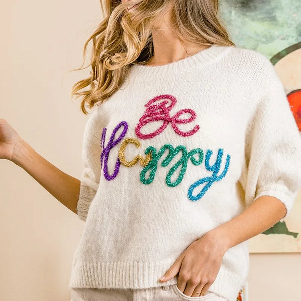BiBi Metallic Letter Short Puff Sleeve Hairy Sweater in Ivory