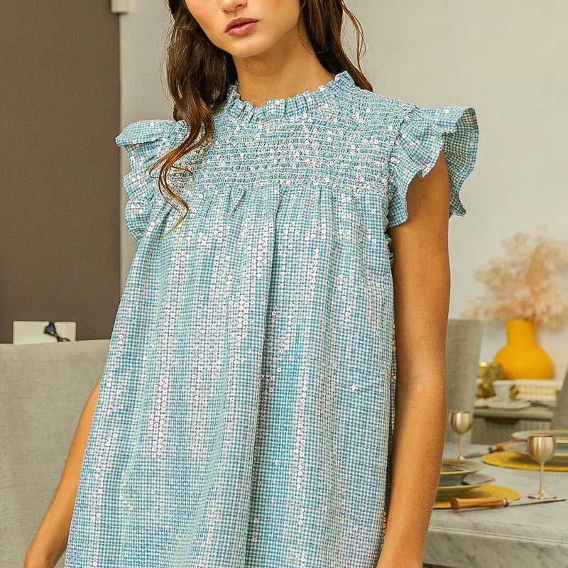 BiBi Clear Sequin All-over Gingham Smocked Top