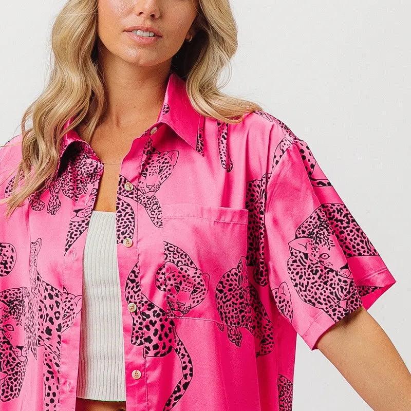 BiBi Leopard Print Short Sleeve Silky Satin Shirt Top
