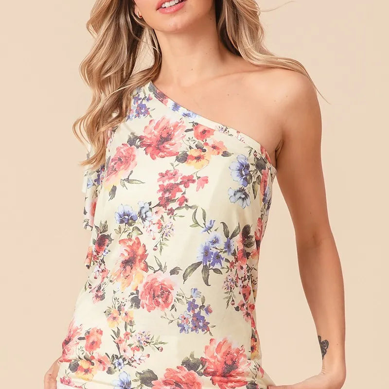 BiBi Floral Printed Jersey Knit Ruffle Sleeve Top in Banana