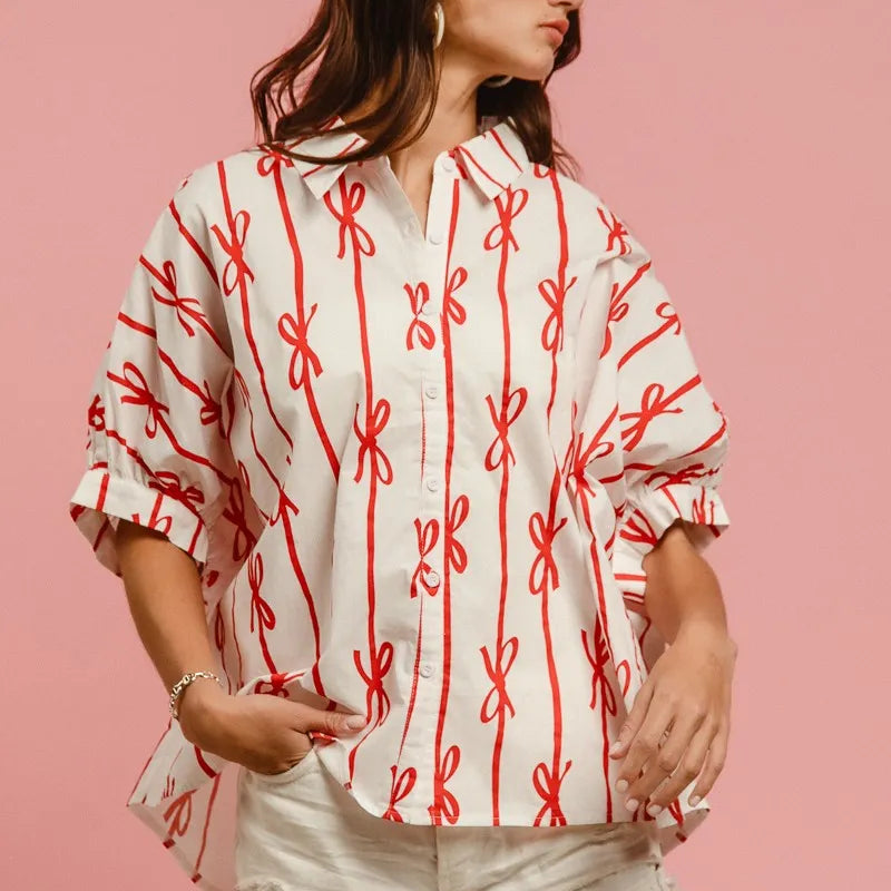 BiBi Bow Ribbon Woven Printed Button Down Shirt