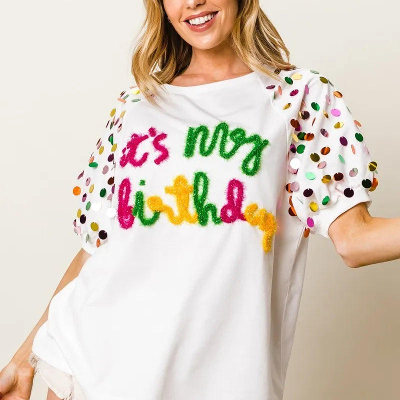 BiBi Metallic Letter Spangle Raglan Puff Sleeve Top