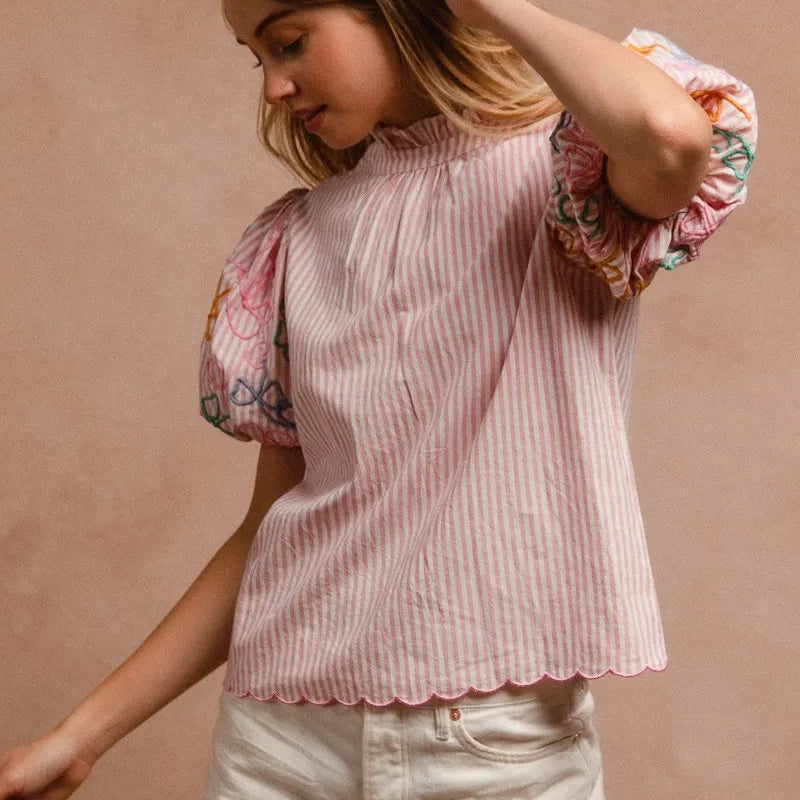 BiBi Embroidery Bubble Sleeve Top With Bottom Scallop Detail