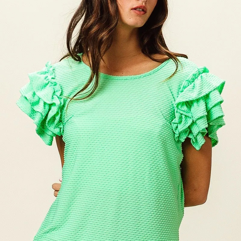 BiBi Birdseye Texture Layered Ruffle Top in Sage
