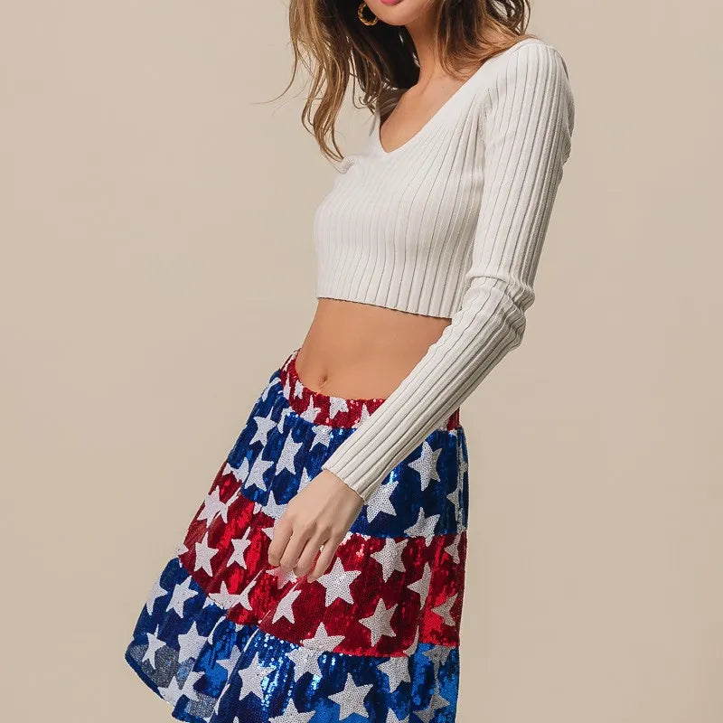 BiBi American Flag Theme Star Sequin Tiered Skirt