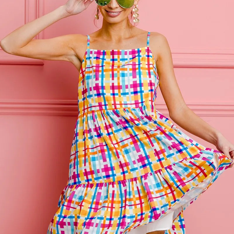 BiBi Multi Colors Plaid Sleeveless Sun Dress