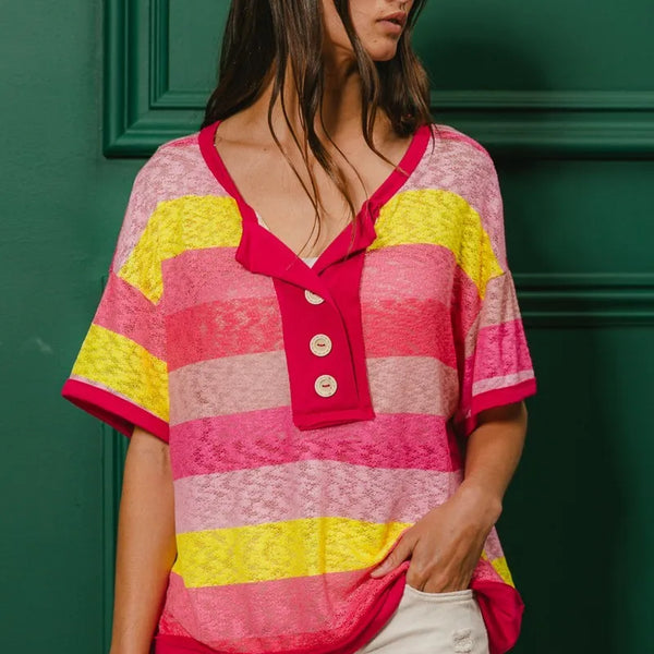 BiBi Multi Color Stripe Hacci Button Detail Ringer Top