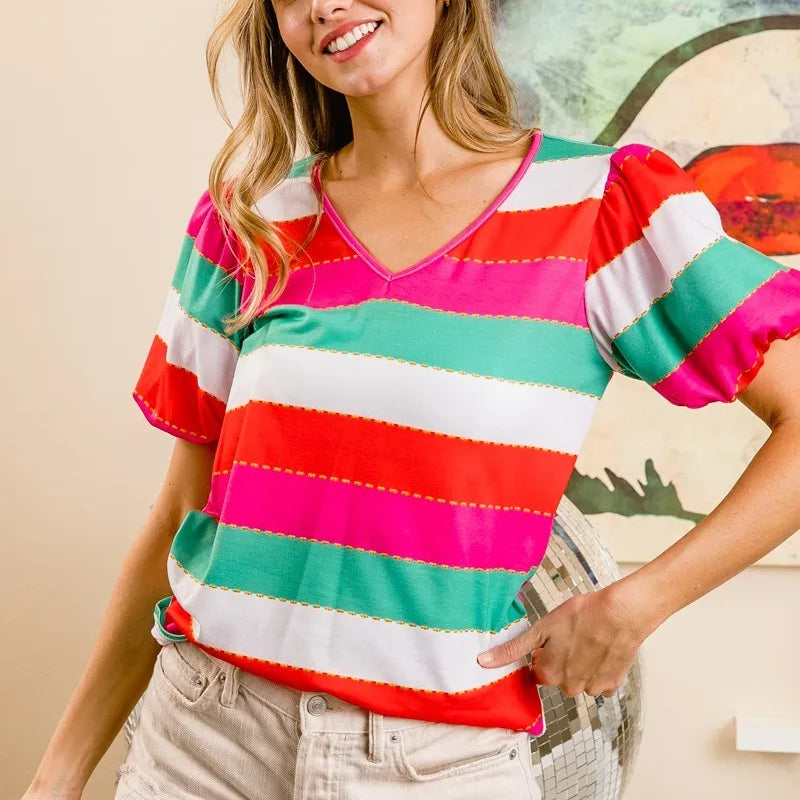 BiBi Multi Stripe Color Print Puff Sleeves V Neck Top