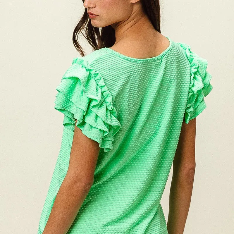 BiBi Birdseye Texture Layered Ruffle Top in Sage