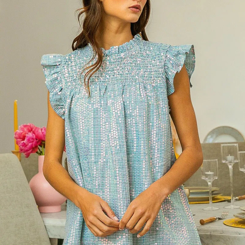 BiBi Clear Sequin All-over Gingham Smocked Top
