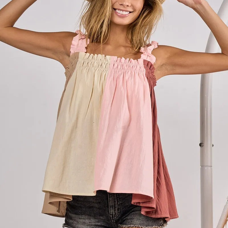 BiBi Frill Shoulder Strap Color Block Bodice Top