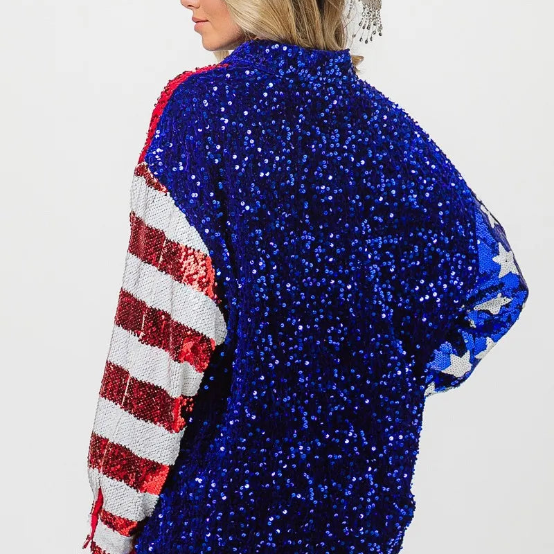BiBi American Flag Sequin Snap Down Shirt