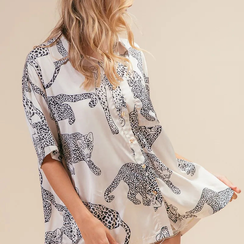BiBi Leopard Print Short Sleeve Silky Satin Shirt Top
