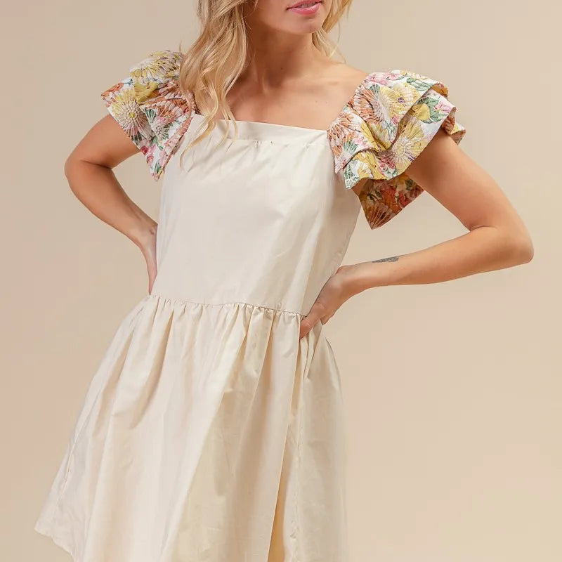 BiBi Flower Embroidered Floral Print Sleeve Dress