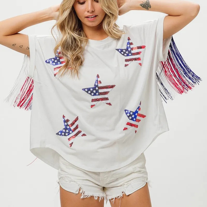 BiBi American Flag Sequin Star Fringe Top