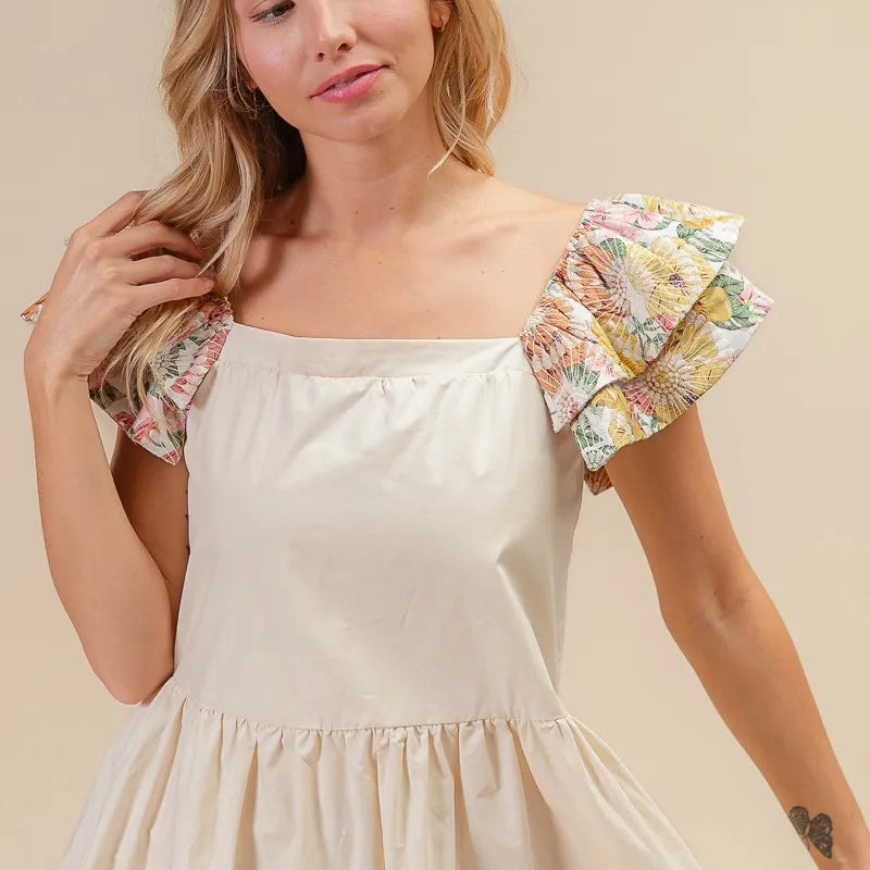 BiBi Flower Embroidered Floral Print Sleeve Dress