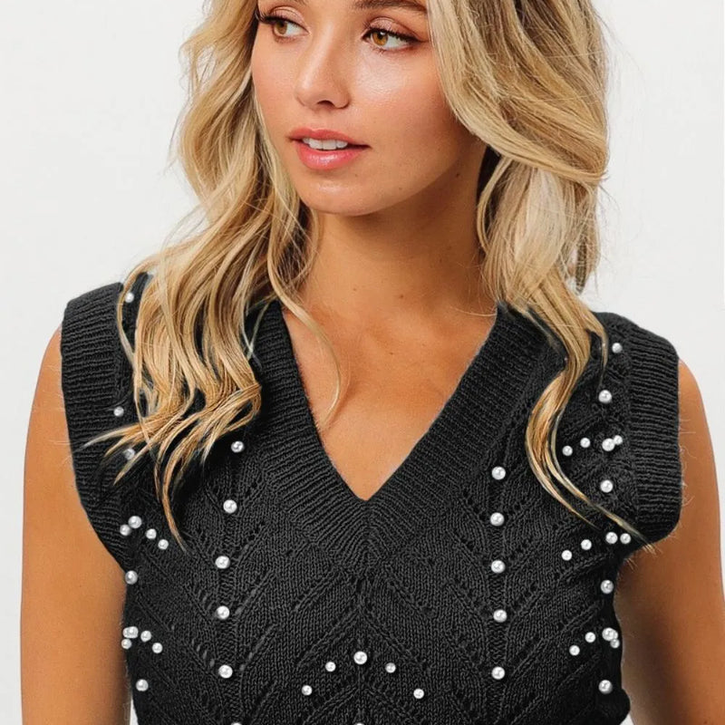 BiBi Chevron Pointelle Pearl Knit Top in Black