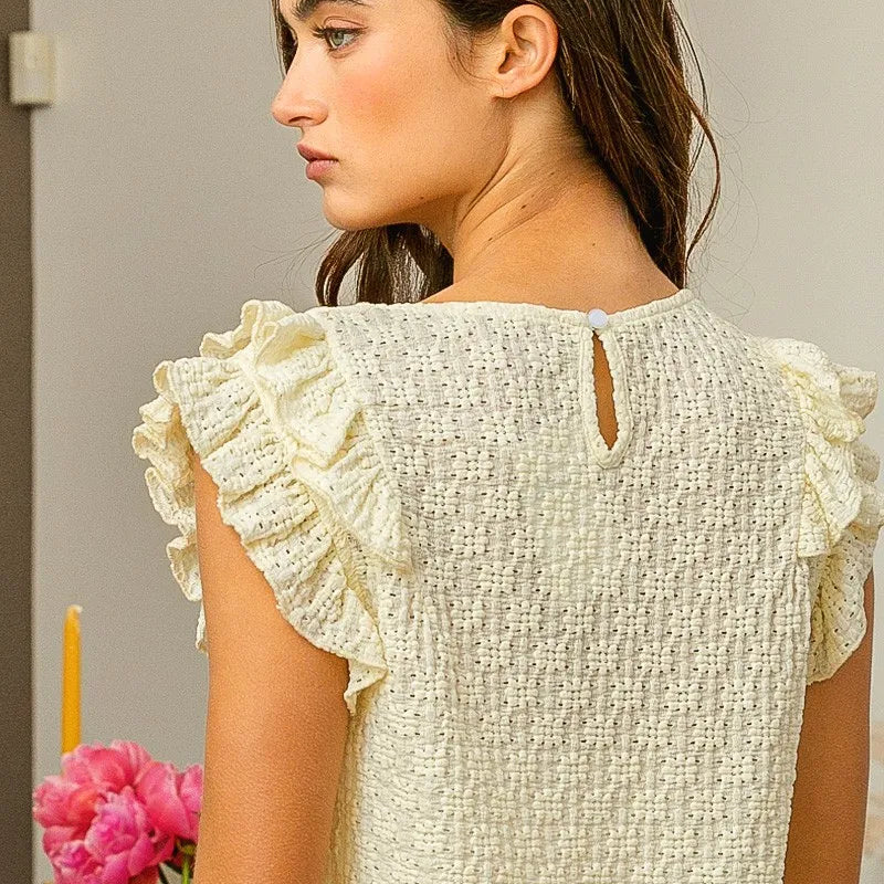 BiBi Floral Ruffled Armhole V-Neck Top