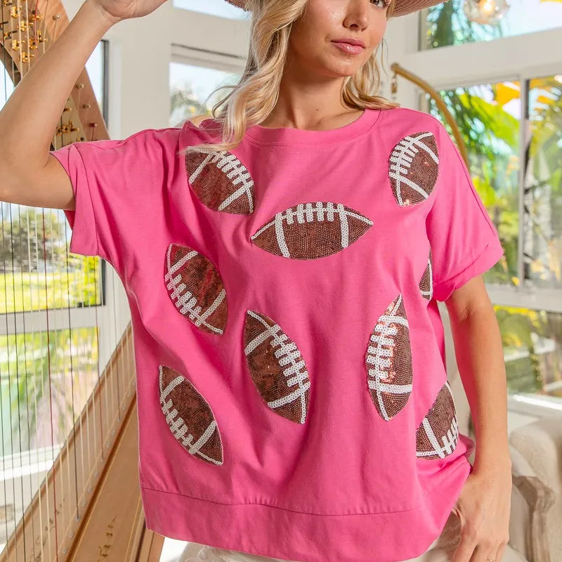 BiBi Game Day Sequins Patched Half Sleeves Top