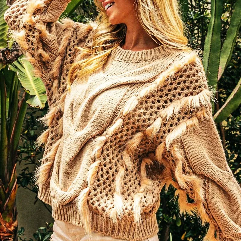 BiBi Faux Fur Detailed Pointelle Cable Knit Sweater