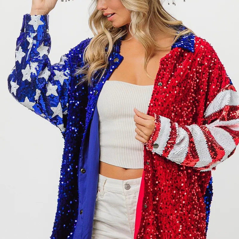 BiBi American Flag Sequin Snap Down Shirt