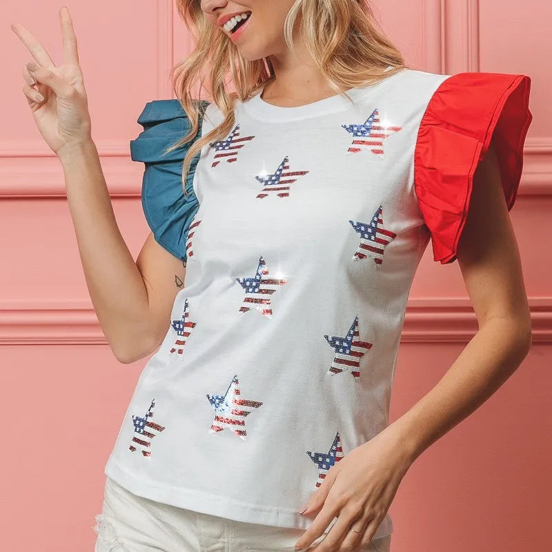 BiBi American Flag Sequin Stars Top