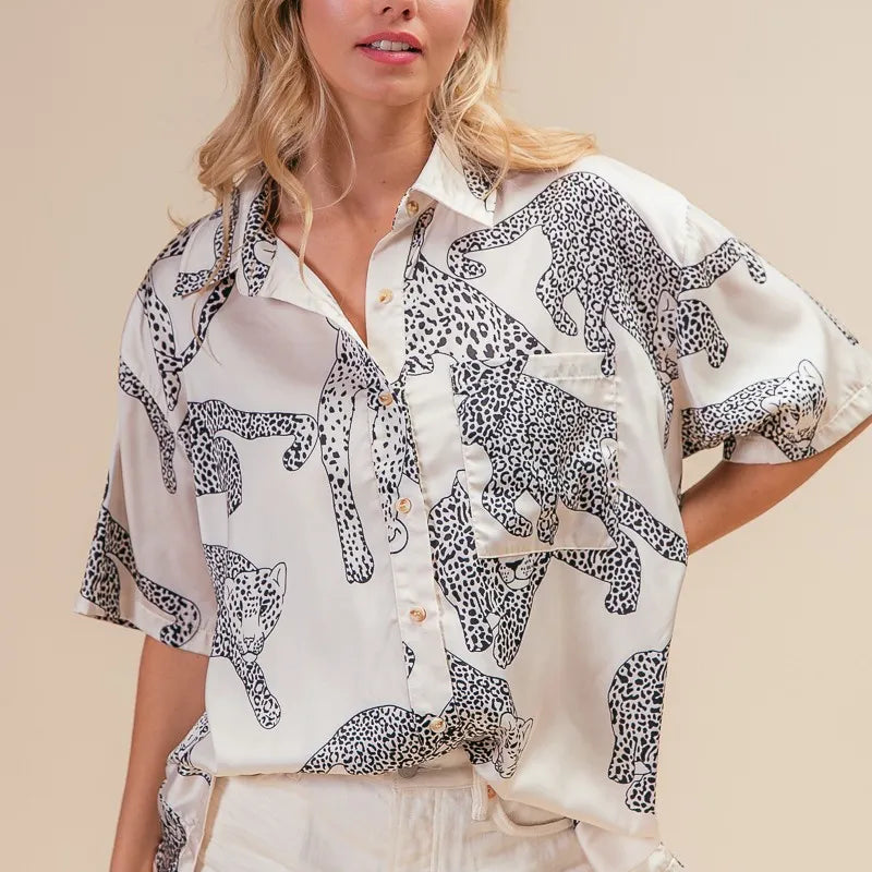 BiBi Leopard Print Short Sleeve Silky Satin Shirt Top