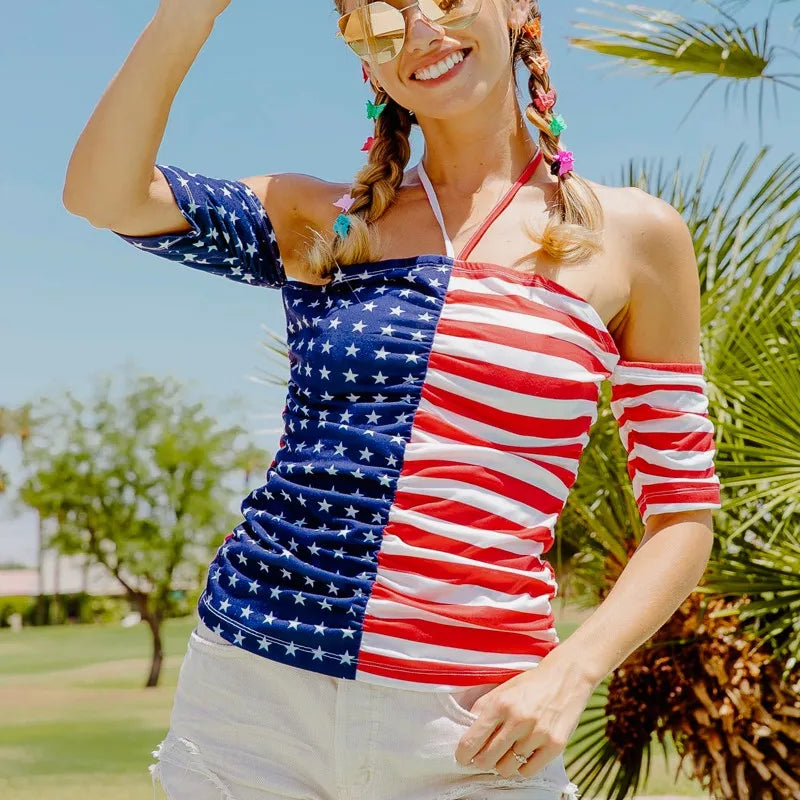 BiBi American Flag Off Shoulder With Front Ruched Top