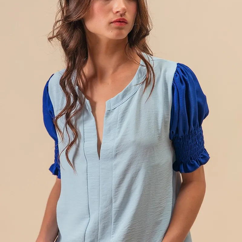 BiBi Air Flow Color Block Puff Sleeves V Neck Top