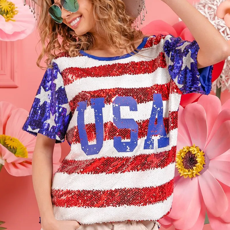 BiBi American Flag Theme USA Lettering Sequin Top
