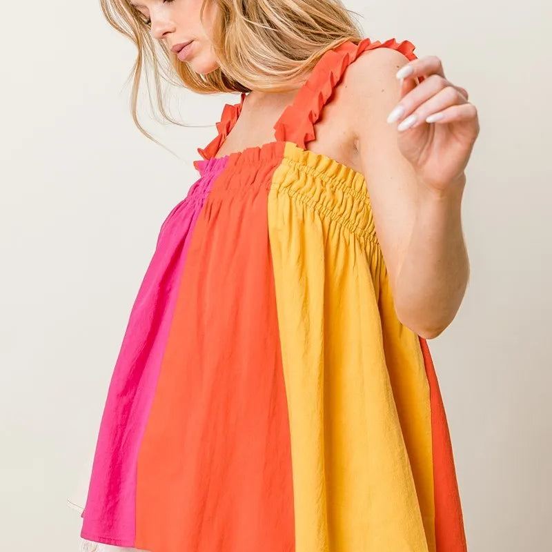 BiBi Frill Shoulder Strap Color Block Bodice Top