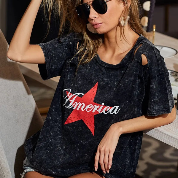 BiBi Laser Cut Mineral Washed Jersey Top with  America in Black