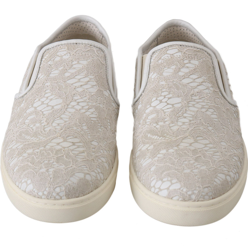 Dolce & Gabbana White Leather Lace Slip On Loafers Shoes