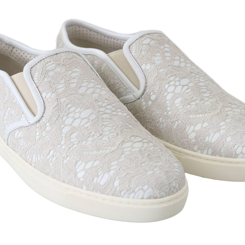 Dolce & Gabbana White Leather Lace Slip On Loafers Shoes