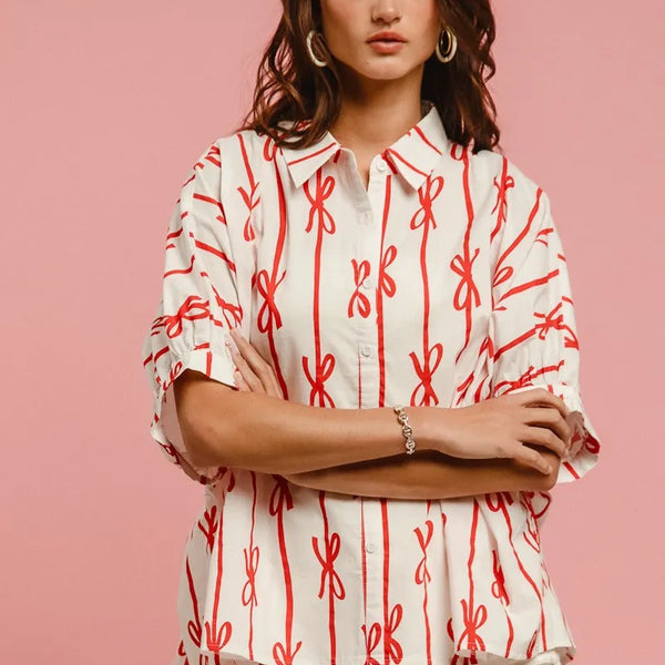 BiBi Bow Ribbon Woven Printed Button Down Shirt