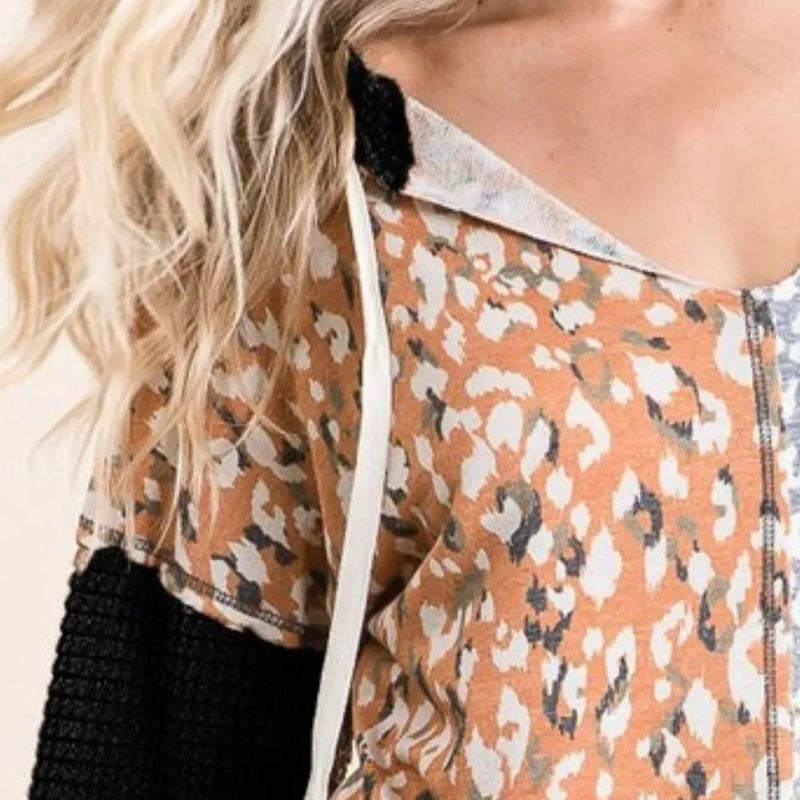 BiBi Popcorn Waffle Knit Hoodie with Print Block Front