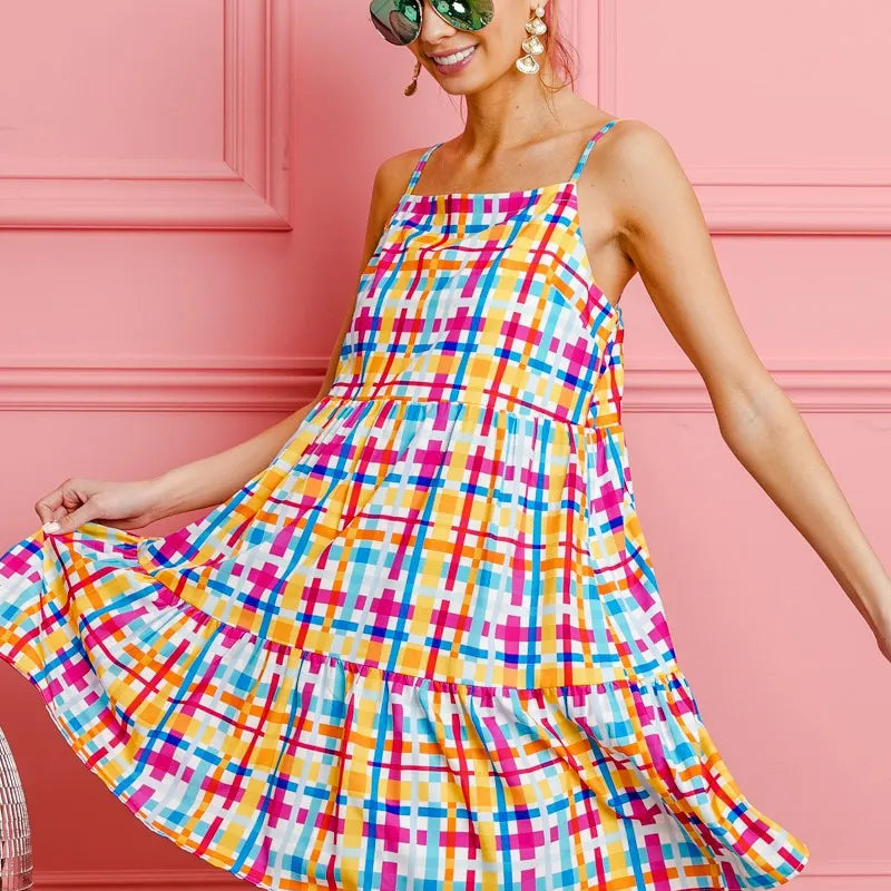 BiBi Multi Colors Plaid Sleeveless Sun Dress