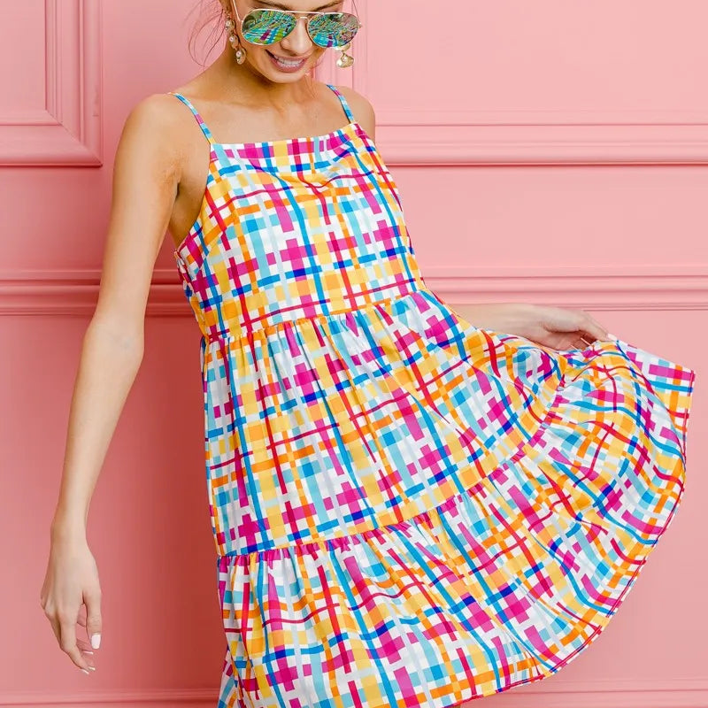 BiBi Multi Colors Plaid Sleeveless Sun Dress