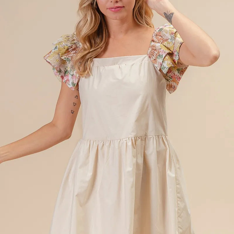 BiBi Flower Embroidered Floral Print Sleeve Dress