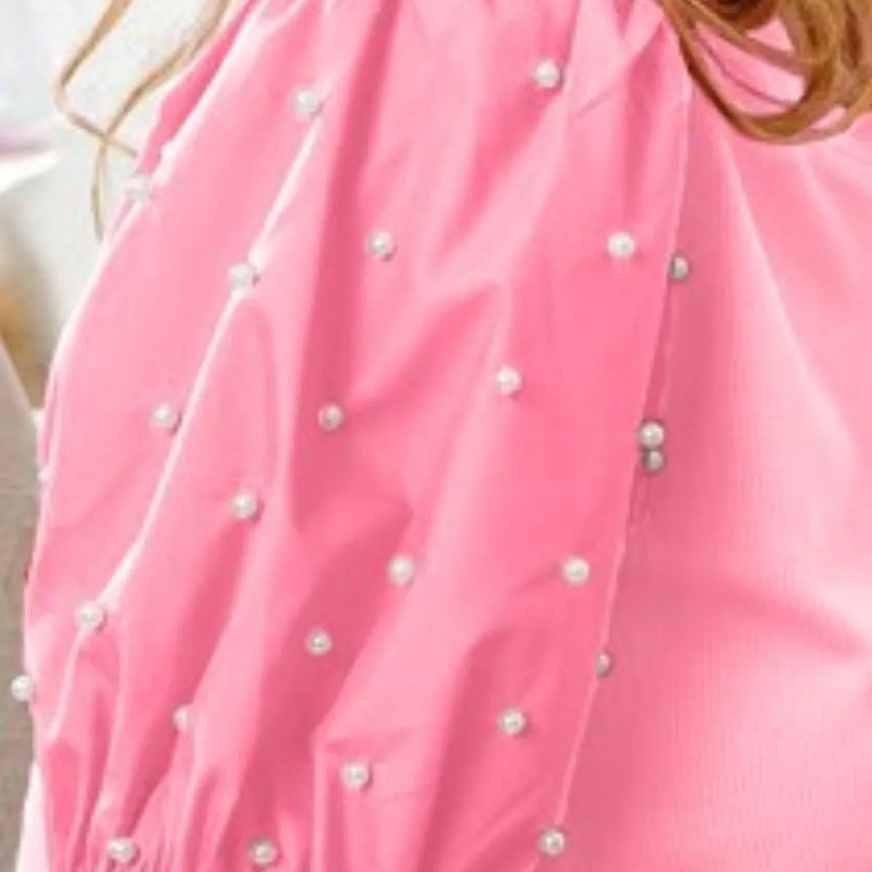 BiBi Pearl Beaded Short Puff Sleeve Top in Pink
