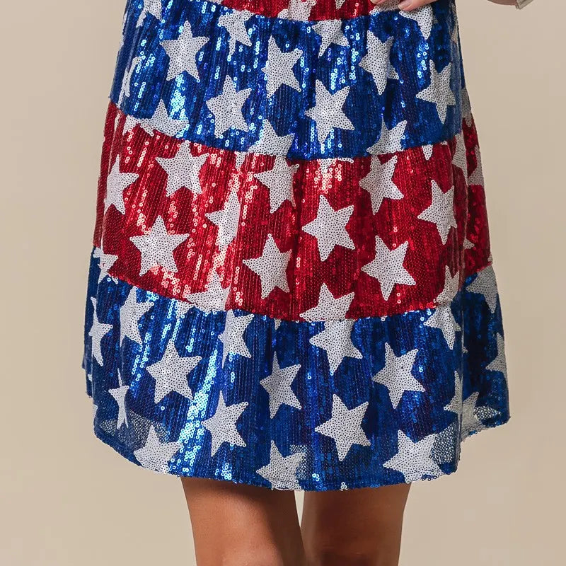 BiBi American Flag Theme Star Sequin Tiered Skirt