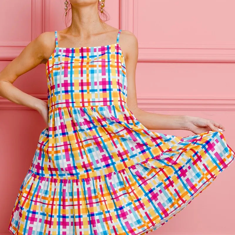 BiBi Multi Colors Plaid Sleeveless Sun Dress