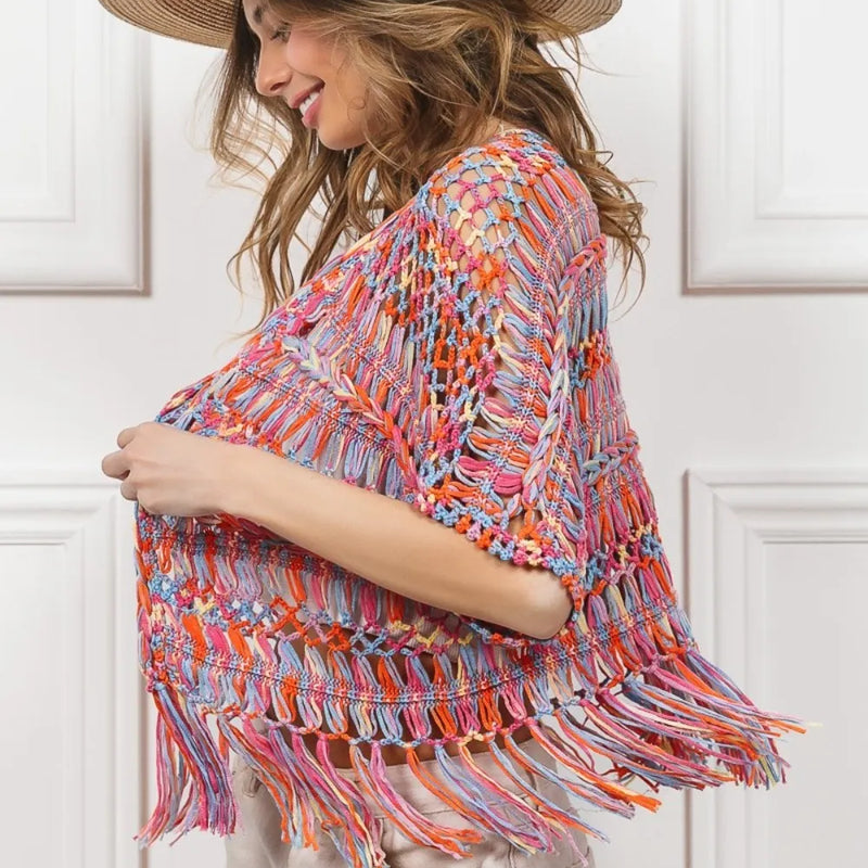 BiBi Open Front Fringed Crop Knit Cardigan