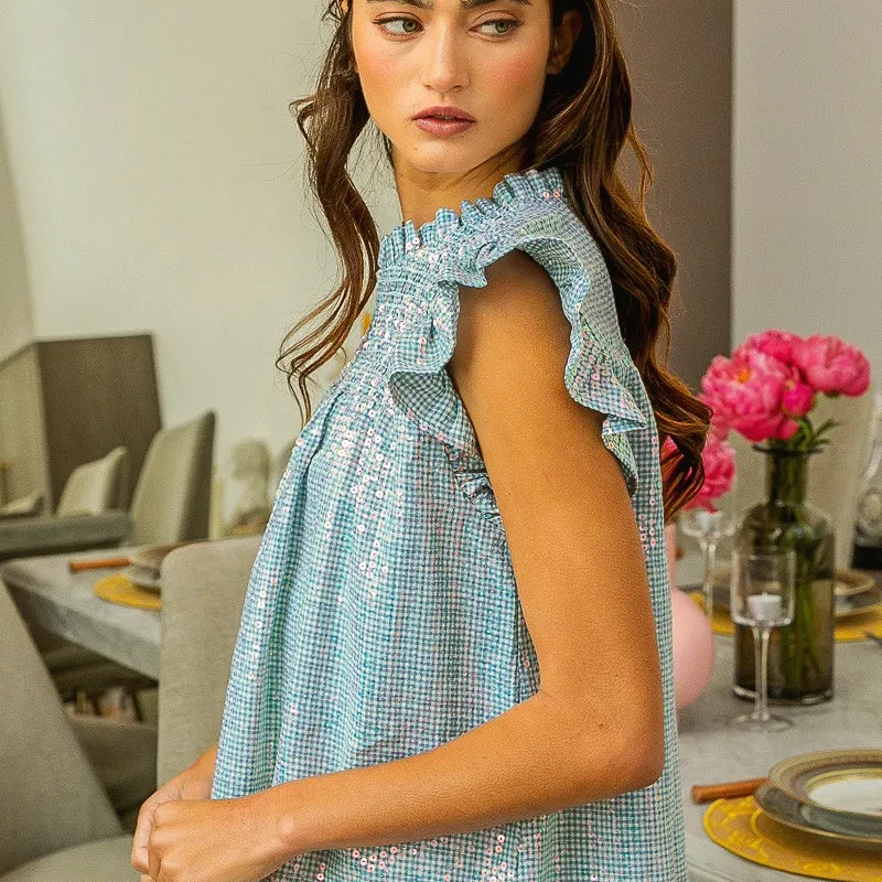 BiBi Clear Sequin All-over Gingham Smocked Top