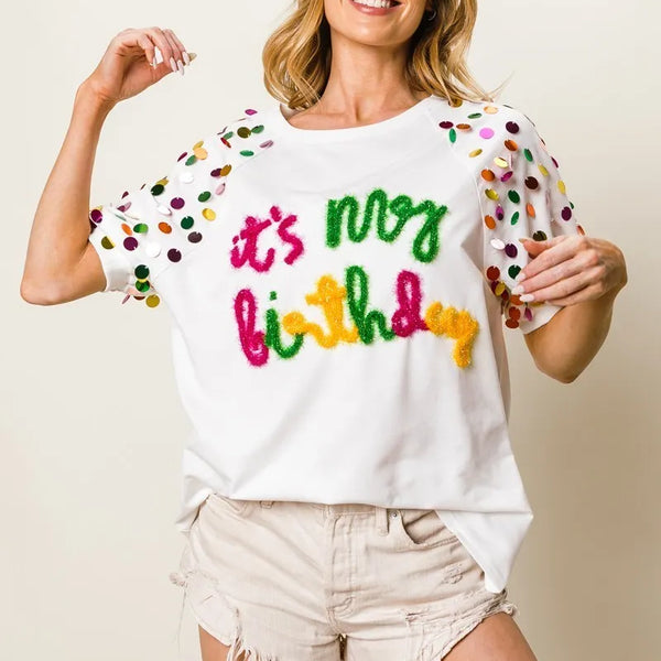 BiBi Metallic Letter Spangle Raglan Puff Sleeve Top